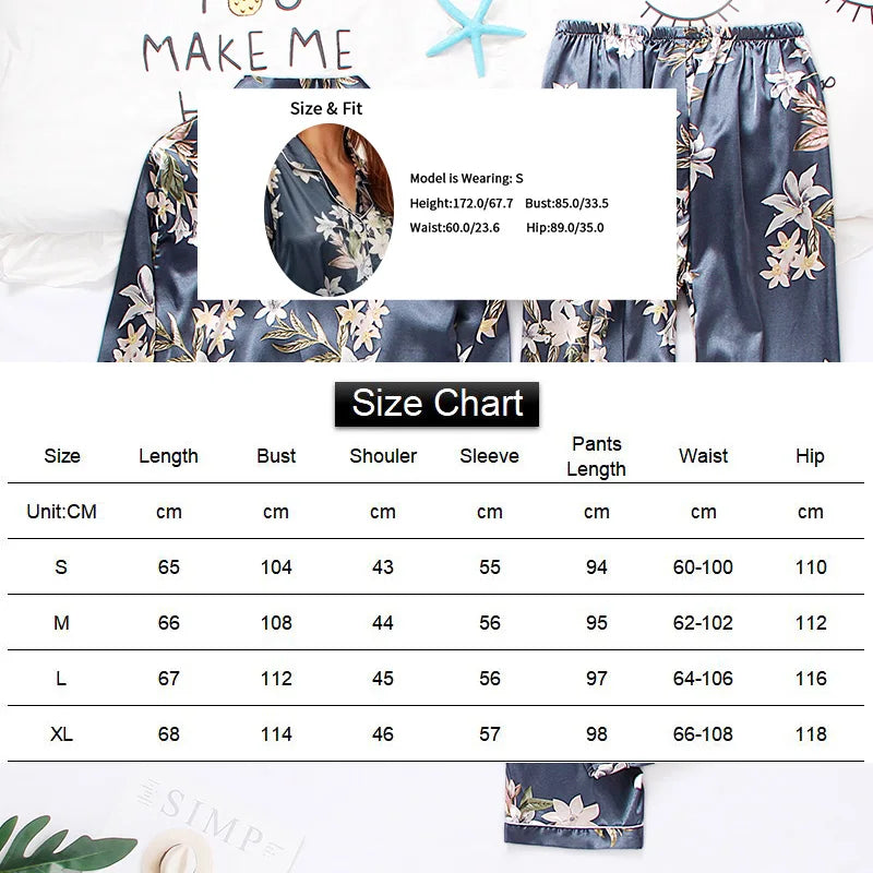 Pajamas For Women Home Clothes Autumn Satin Flower Print Sleepwear Long Sleeve Tops Pajama Pants Nightwear 2 Piece Pyjama Femme