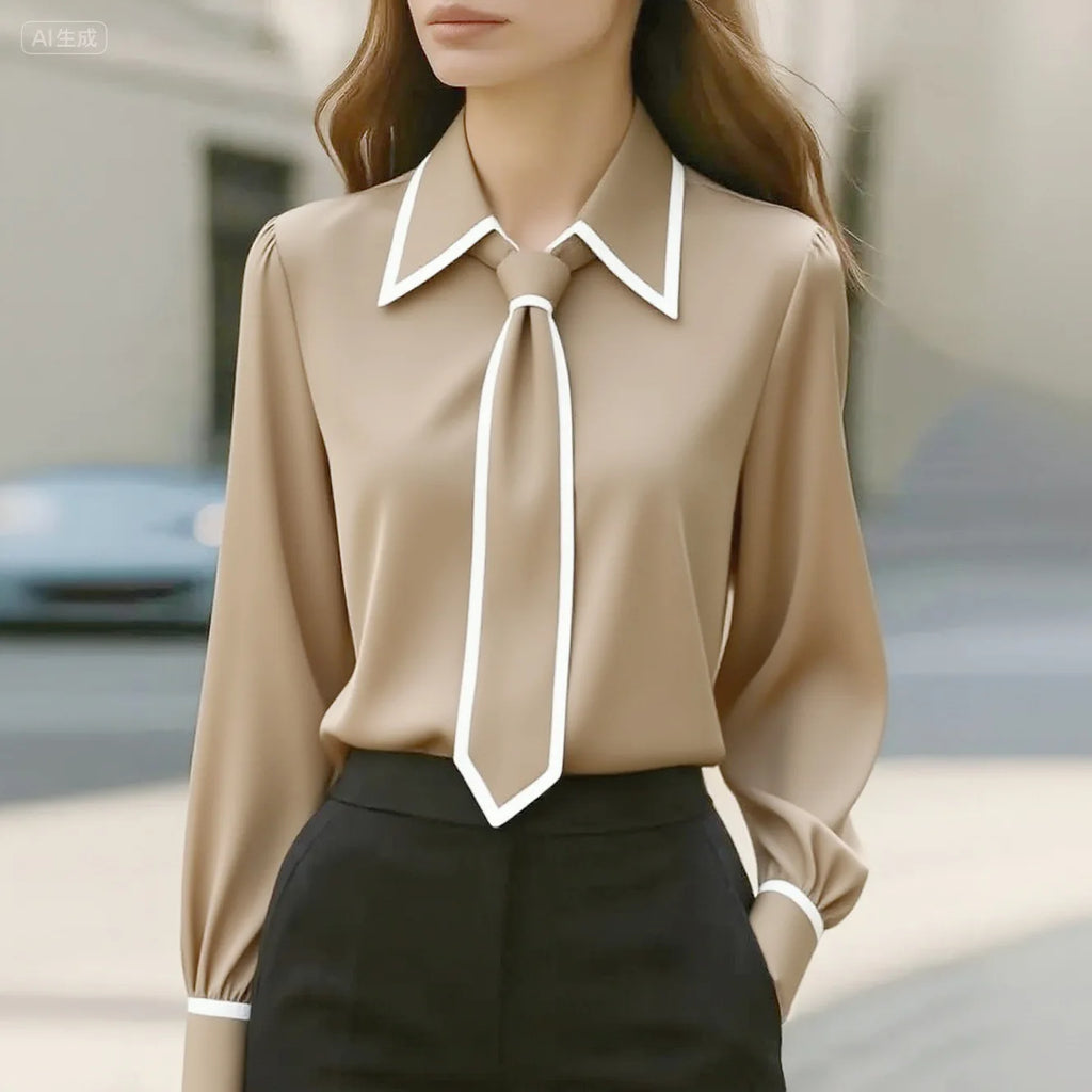 Women's Shirt Formal Bow Tie Long-sleeved Office Lady Shirt Women Fashionable Solid Color Autumn Shirt Blouses White Tops