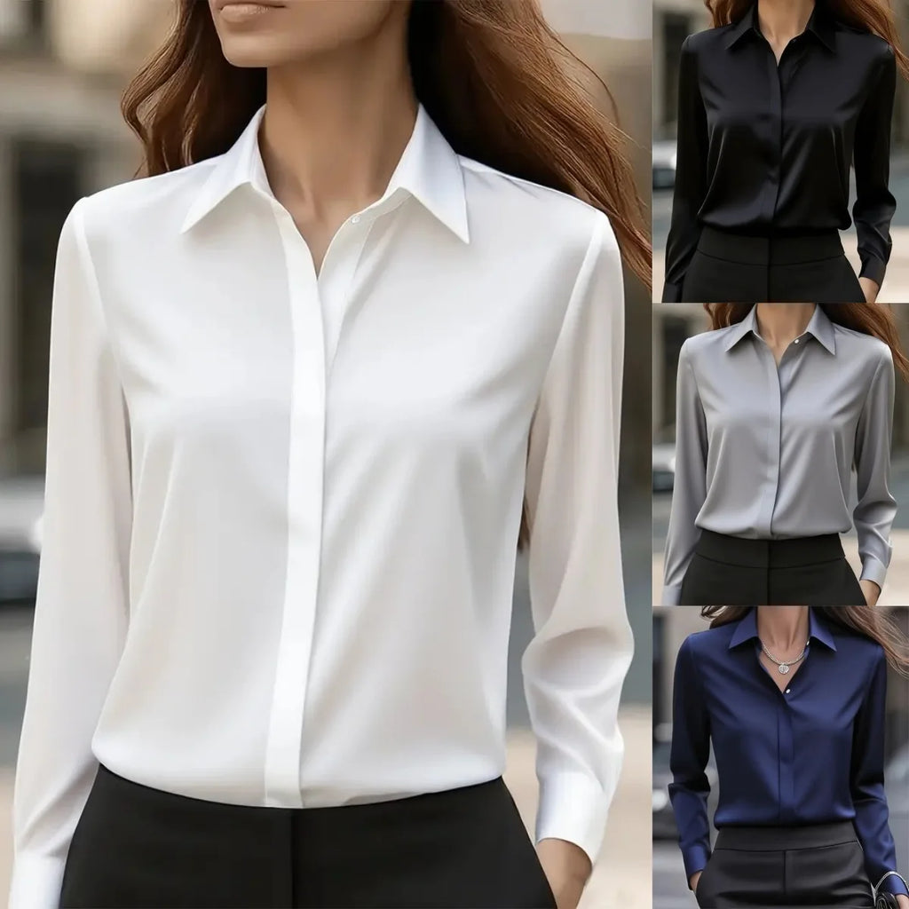Autumn Solid Color Long-sleeved Versatile Shirt Lapel Satin Shirt