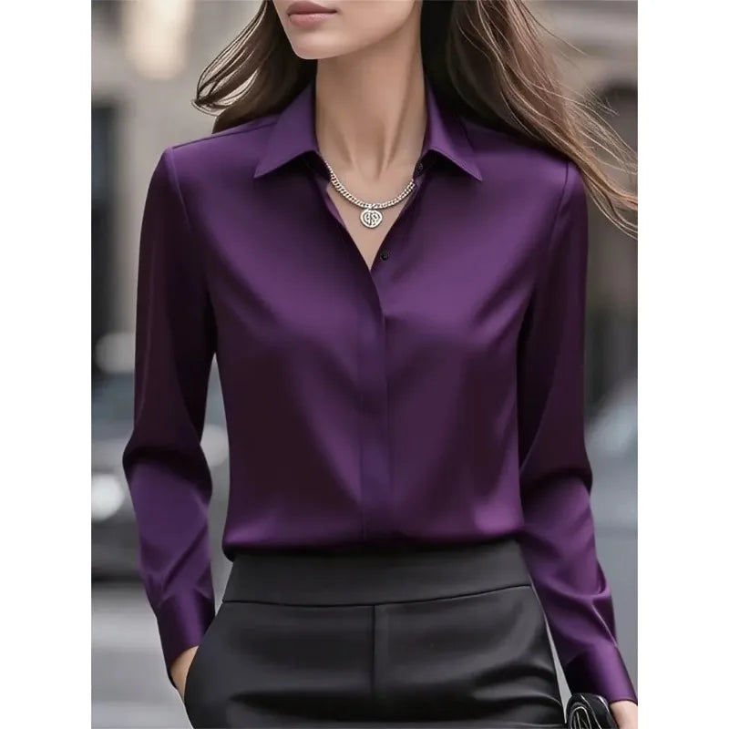 Autumn Solid Color Long-sleeved Versatile Shirt Lapel Satin Shirt
