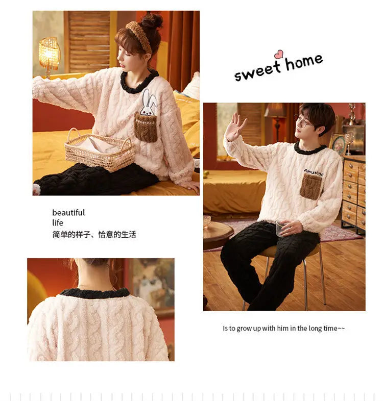 Couples Pajamas Women Men Winter Thicken Pyjamas Sleepwear Cartoon Dinosaur Korean Lovers Homewear Soft Warm Hoodies Pijama