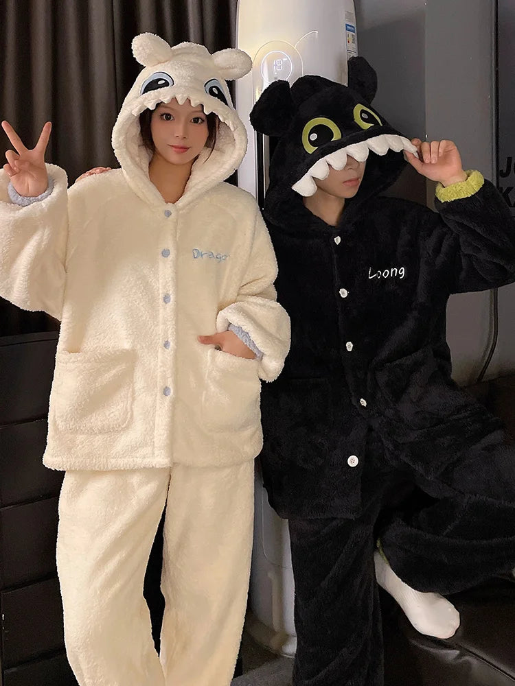 DAIMELU Toothless Boy Couple Pajamas Women's Autumn sleepwear Coral Fleece Fleece Thickened Hooded Men's Winter nightwear Set