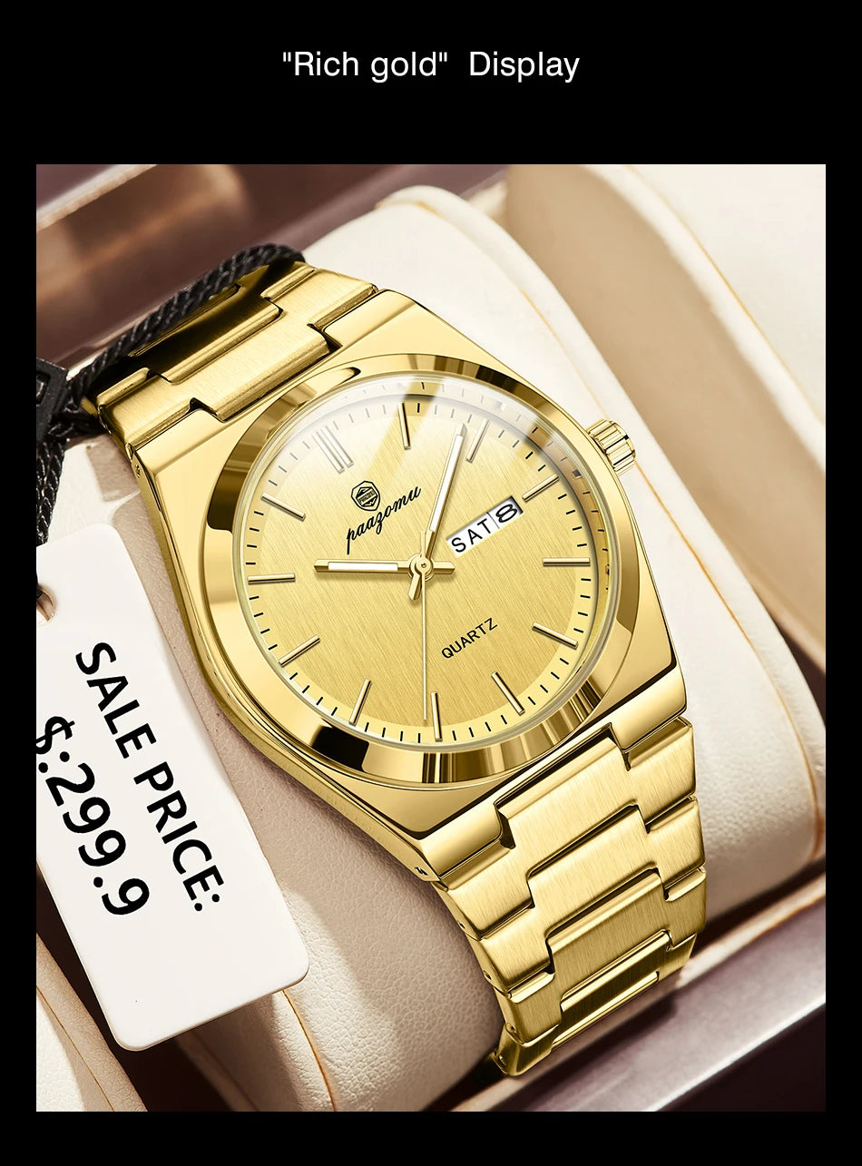 PAAZOMU Luxury Quartz Man Wristwatch Sport Men Watches Waterproof Luminous Date Week Stainless Steel Men's Watch Male Reloj+box