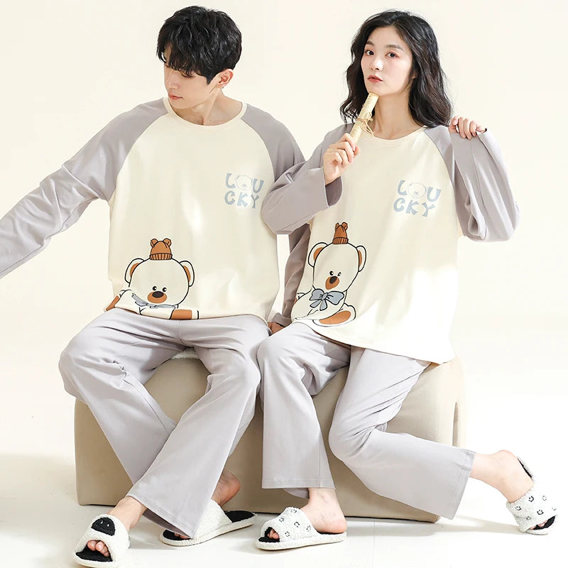 Couple's Pijama Sets M-3XL Autumn Spring Pajamas Lovely Cartoon Sleepwear Cotton Pyjamas For Women Man Top Pant Leisure Outwear