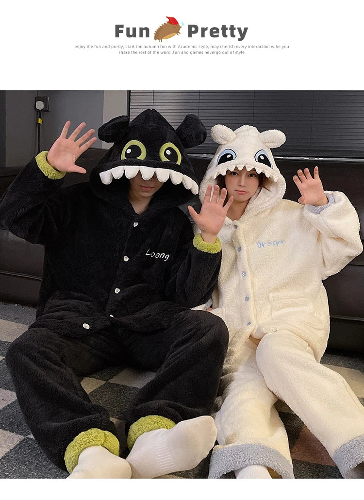 DAIMELU Toothless Boy Couple Pajamas Women's Autumn sleepwear Coral Fleece Fleece Thickened Hooded Men's Winter nightwear Set