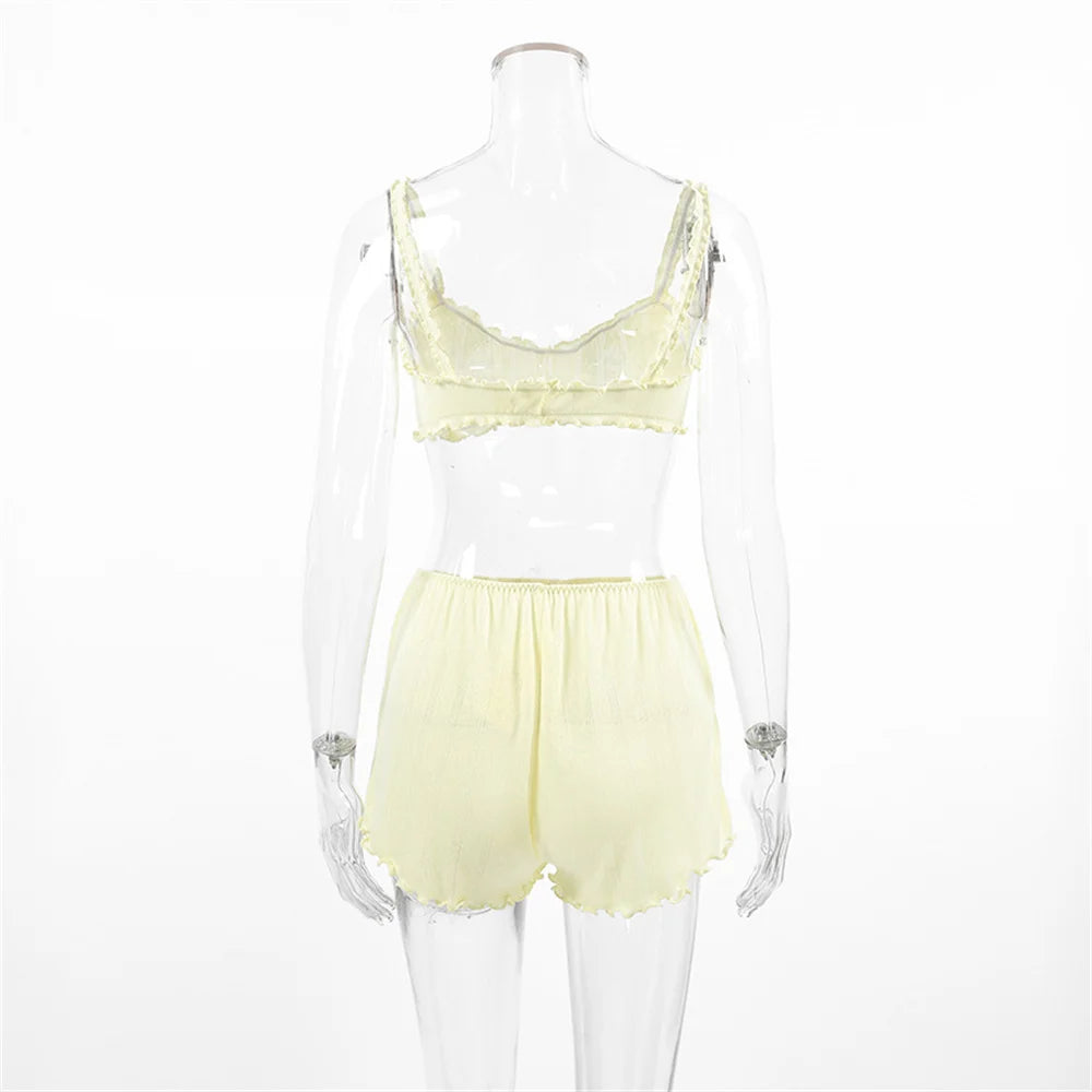 Fashion Female Sleepwear Set Spaghetti Strap Pajamas Crop Top Nightie Tank Tops Pyjamas Shorts Casual Nightgowns Suit