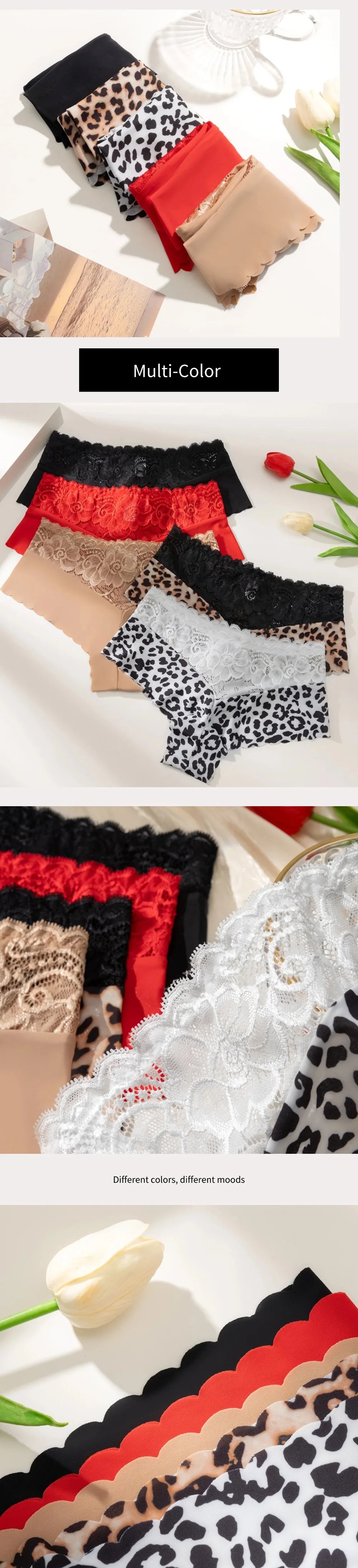 Women's 3 Pieces Panties Sexy Leopard Lace Lingerie Woman Underwear Ladies Underpants Solid Color Woman Clothing Knickers