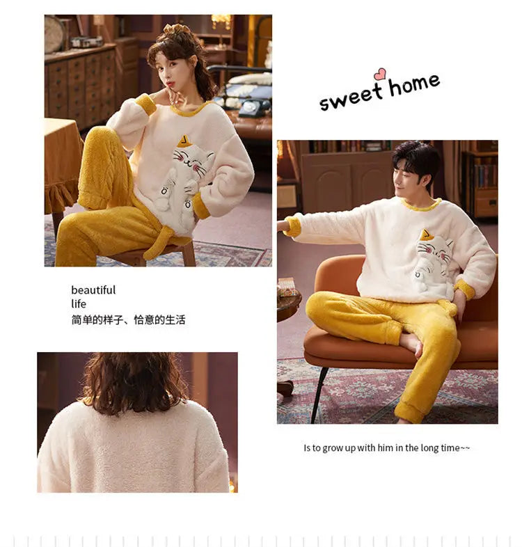 Couples Pajamas Women Men Winter Thicken Pyjamas Sleepwear Cartoon Dinosaur Korean Lovers Homewear Soft Warm Hoodies Pijama