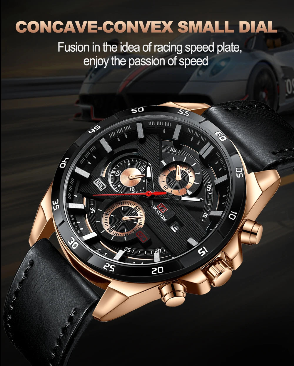 Top Men Watch Sports Style 46mm Large Leather Racing Style Casual Fashion Original Black Rose Gold Calendar Quartz Watch Relogio