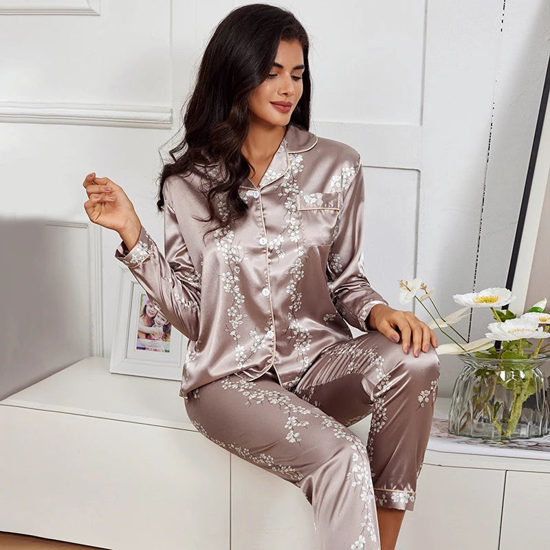 Pajamas For Women Home Clothes Autumn Satin Flower Print Sleepwear Long Sleeve Tops Pajama Pants Nightwear 2 Piece Pyjama Femme