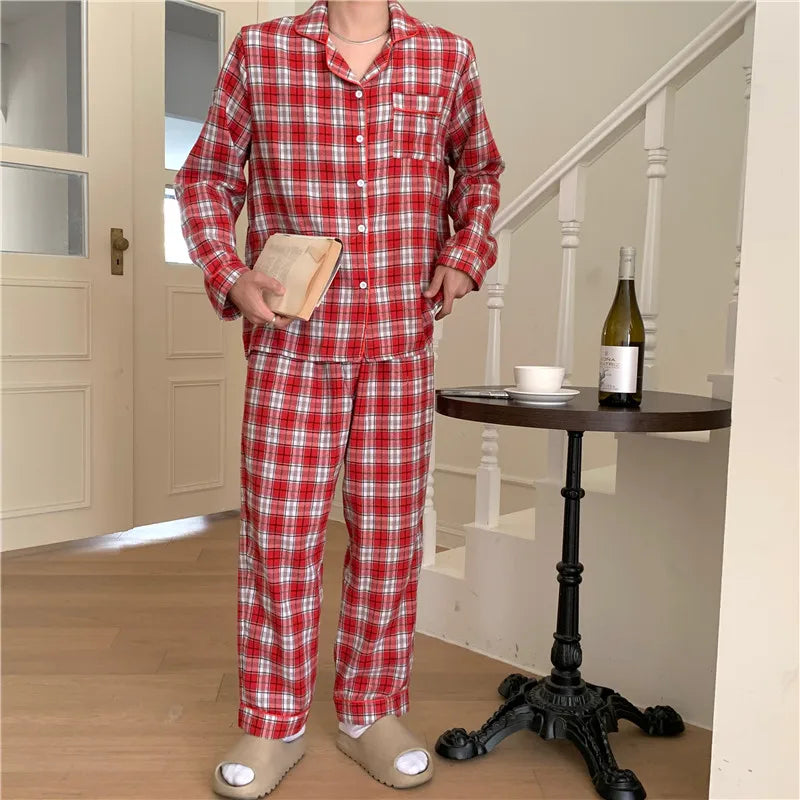 Loose Casual Couple Pajamas Sweet Lace Vintage Red Plaid  Thick  Nightwear Autumn Winter Princess Style Christmas Homewear D711