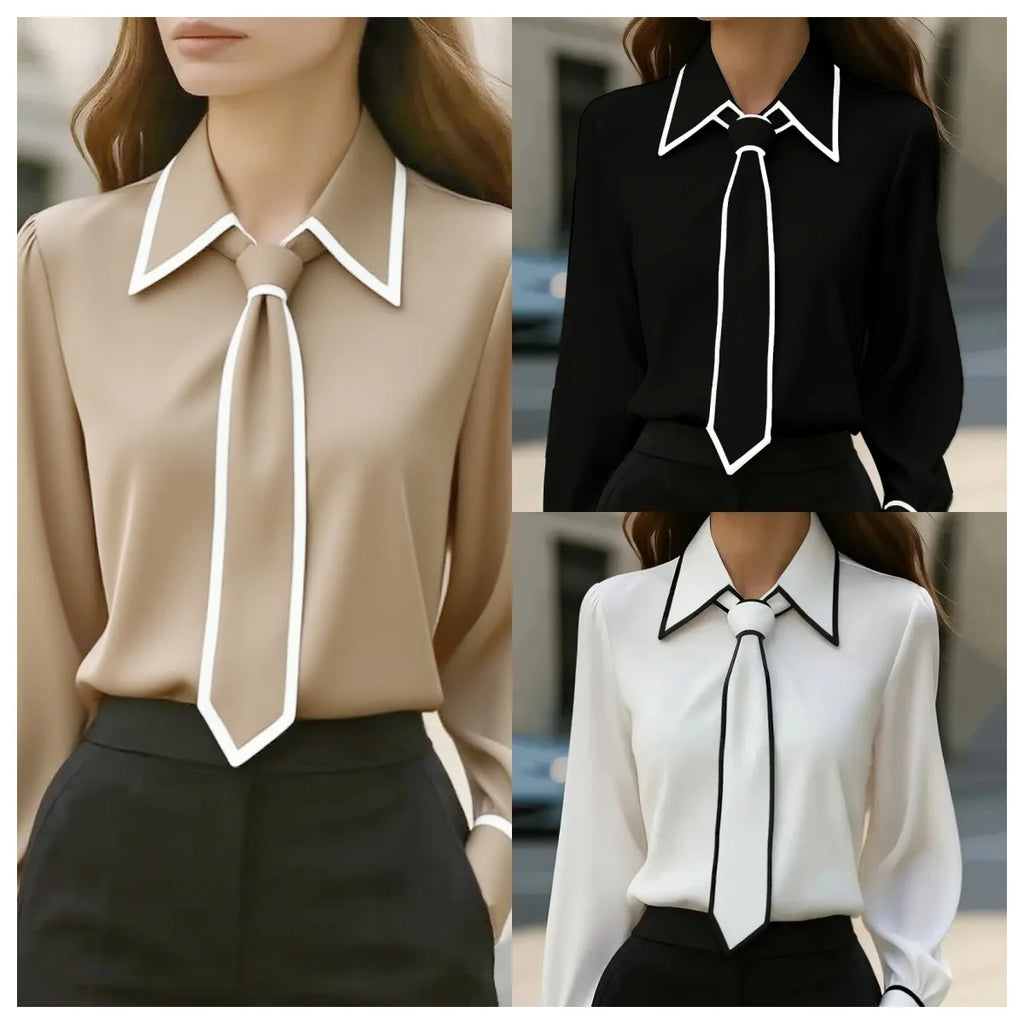 Women's Shirt Formal Bow Tie Long-sleeved Office Lady Shirt Women Fashionable Solid Color Autumn Shirt Blouses White Tops