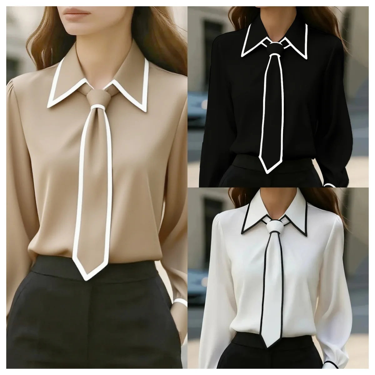 Women's Shirt Formal Bow Tie Long-sleeved Office Lady Shirt Women Fashionable Solid Color Autumn Shirt Blouses White Tops