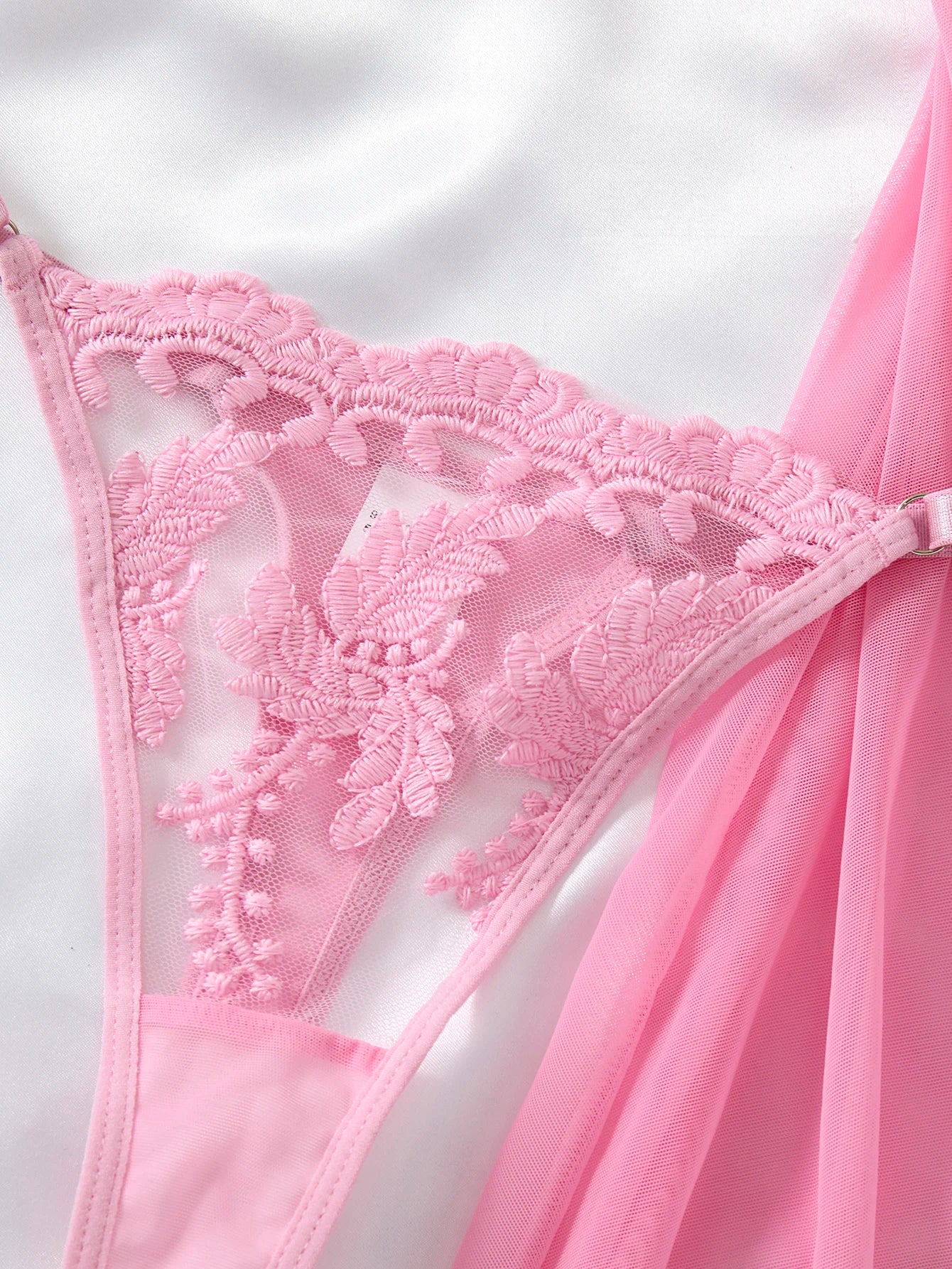 Ladies' wine red countryside style wheat ear embroidery semi transparent nightgown, elegant and comfortable, bow design ZA825066