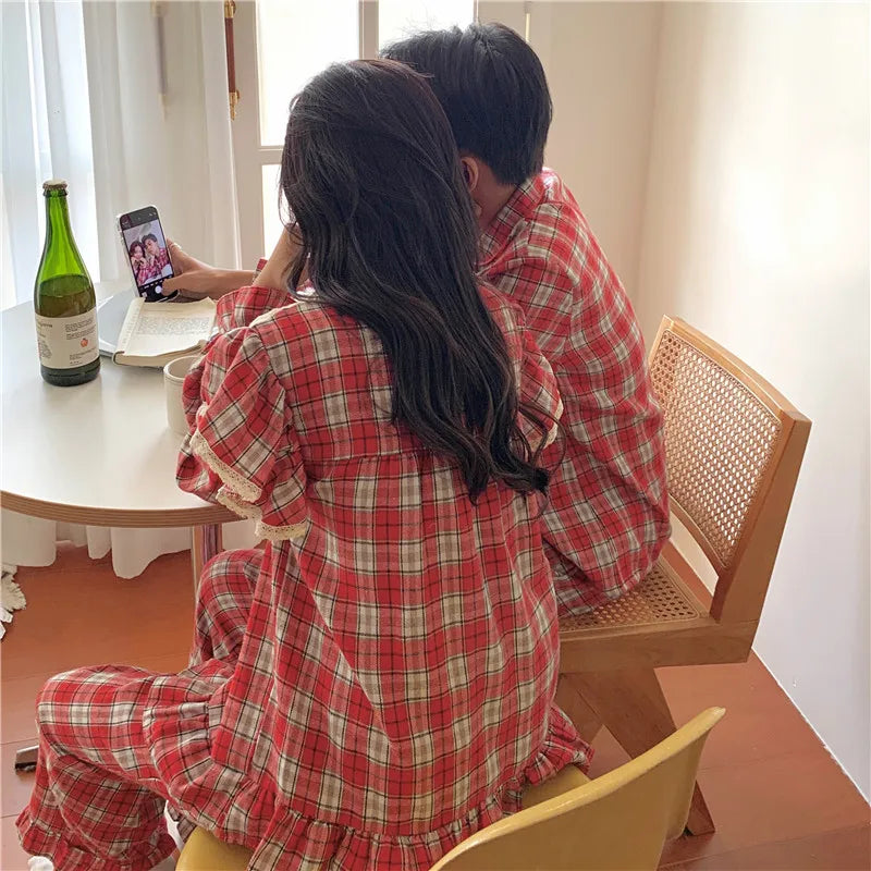 Loose Casual Couple Pajamas Sweet Lace Vintage Red Plaid  Thick  Nightwear Autumn Winter Princess Style Christmas Homewear D711