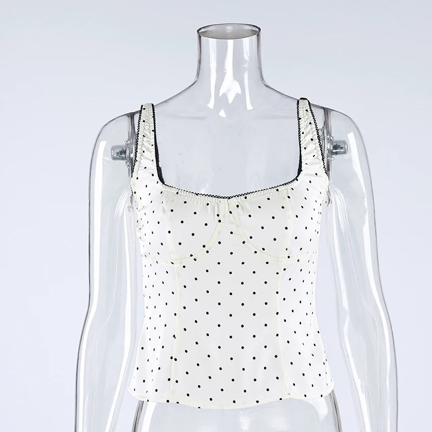 Linad Sexy Backless Polka Dot Tank Top Elegant Satin Spaghetti Strap Lace Camis Street Chic Sleeveless Vest Female 2025 Summer