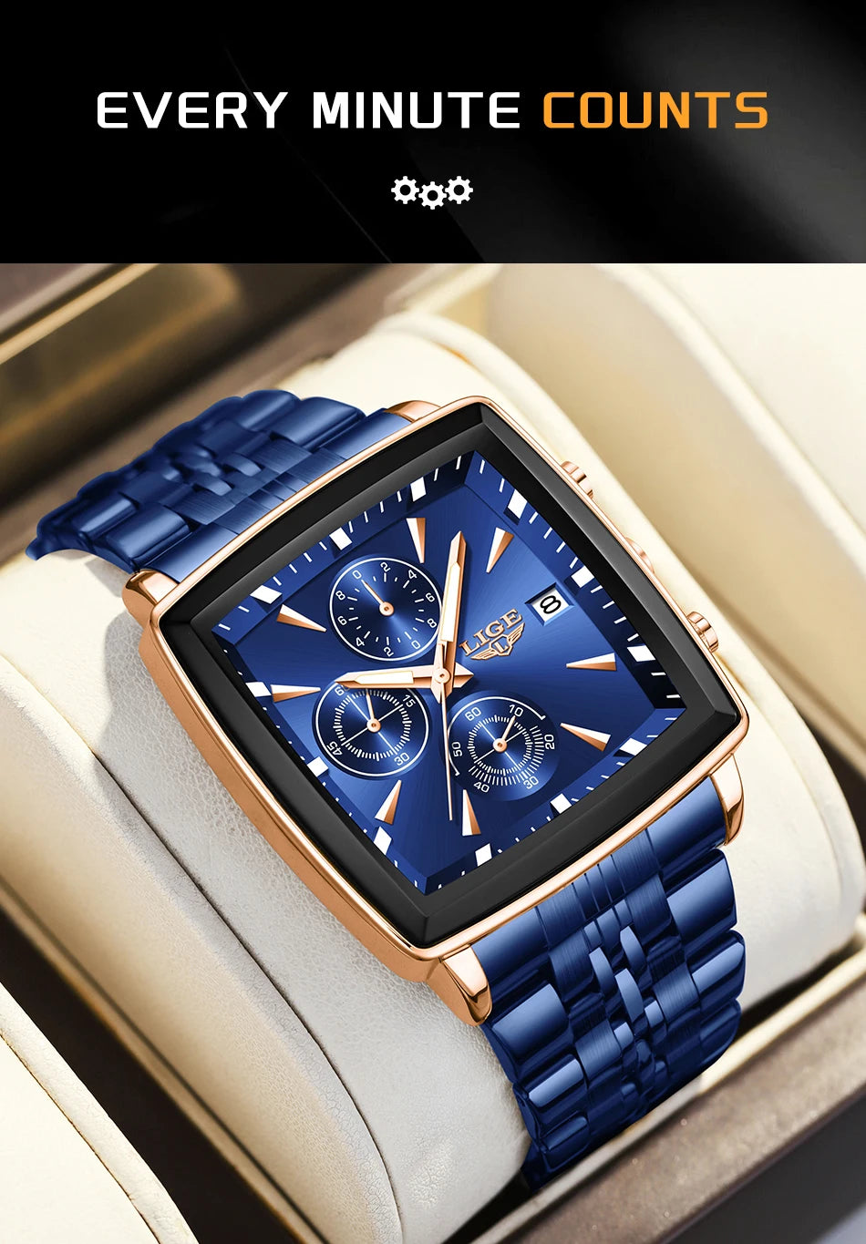 LIGE New Luxury Business Men Wristwatch Chronograph Waterproof Luminous Calendar Watch For Men Square Quartz Men's Watches Reloj