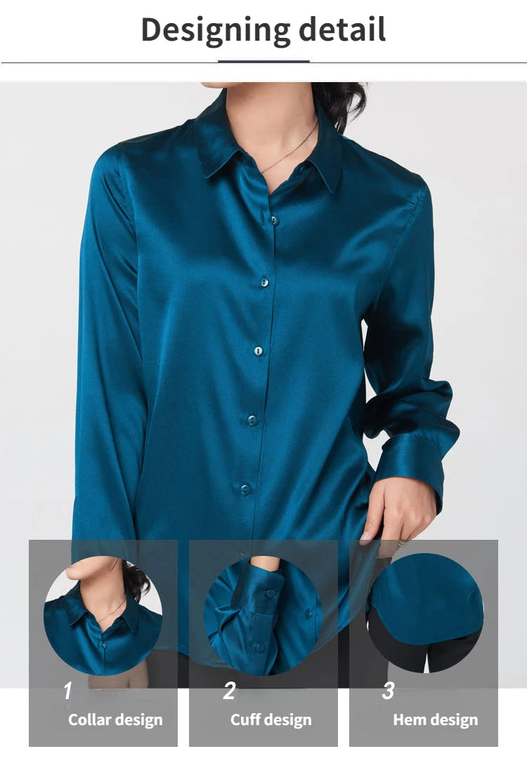 Woman Silk Shirt Long-sleeved Satin Women Blouse 19mm Mulberry Silk Blouse Loose Versatile Base Shirt 95% Natural Silk+5%Spandex