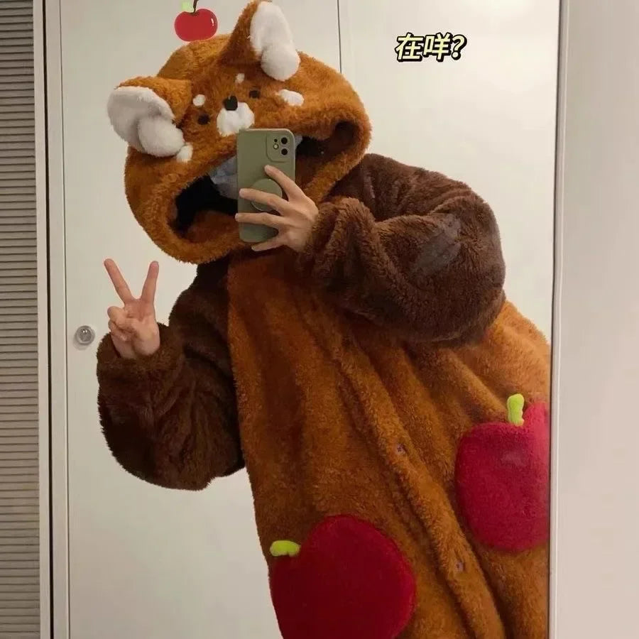 Pyjama de dessin animé pour femme, vêtements de nuit, robe de nuit, cosplay animal, robes épaisses, chaud, maison, hiver, raton