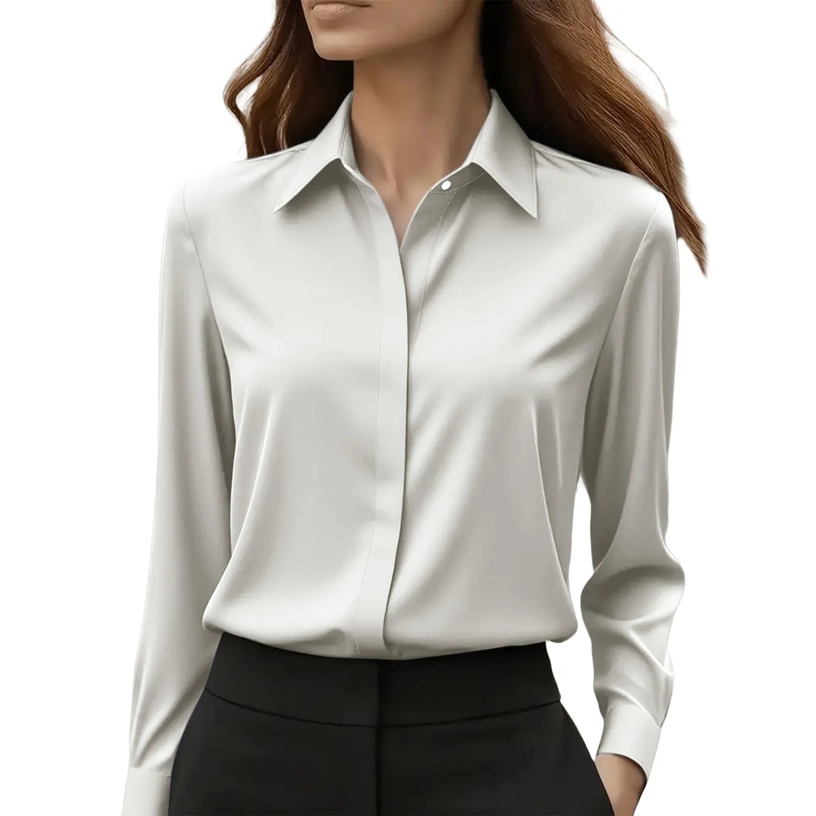 Temperamental commuting solid colour French niche lapel satin long-sleeved shirt top women