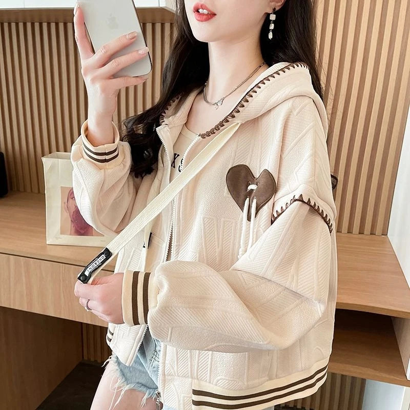 Hoodies Sweatshirt For Women With Zipper Y2k Vintage Matching New In Essential Nice Color Apricot Woman Hooded Tops Full Zip Up