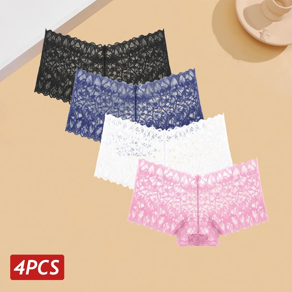 4PCS Women Floral Lace Panties Sexy Perspective Underwear V Waist Solid Color Underpants Female Breathable Intimates Lingerie