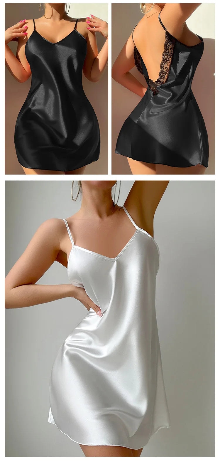 Sexy Female Lingerie Nightgown Patchwork Lace Backless Spaghetti Strap Nightdress Sleepwear Silky Satin Lounge Wear Home Dress