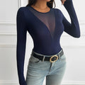 Lady's Spring Summer Y2K Undershirt Sexy Spicy Girl Deep V Splicing Transparent Long Sleeve Top Solid Color Bottoming Shirt