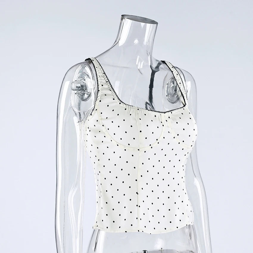 Linad Sexy Backless Polka Dot Tank Top Elegant Satin Spaghetti Strap Lace Camis Street Chic Sleeveless Vest Female 2025 Summer