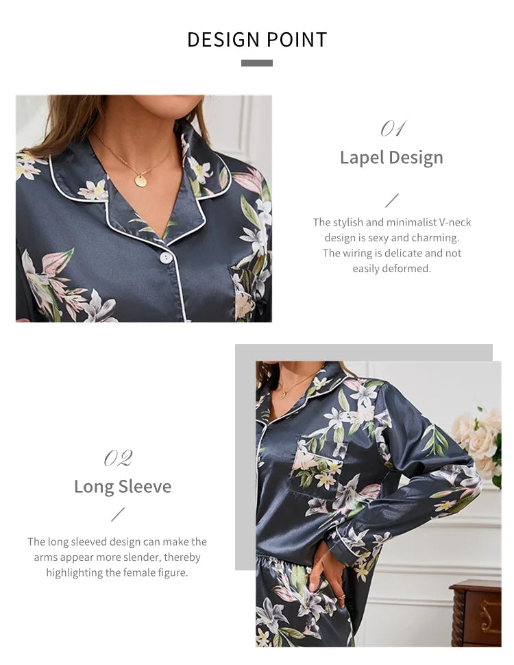 Pajamas For Women Home Clothes Autumn Satin Flower Print Sleepwear Long Sleeve Tops Pajama Pants Nightwear 2 Piece Pyjama Femme