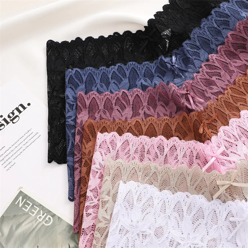 4PCS Women Floral Lace Panties Sexy Perspective Underwear V Waist Solid Color Underpants Female Breathable Intimates Lingerie
