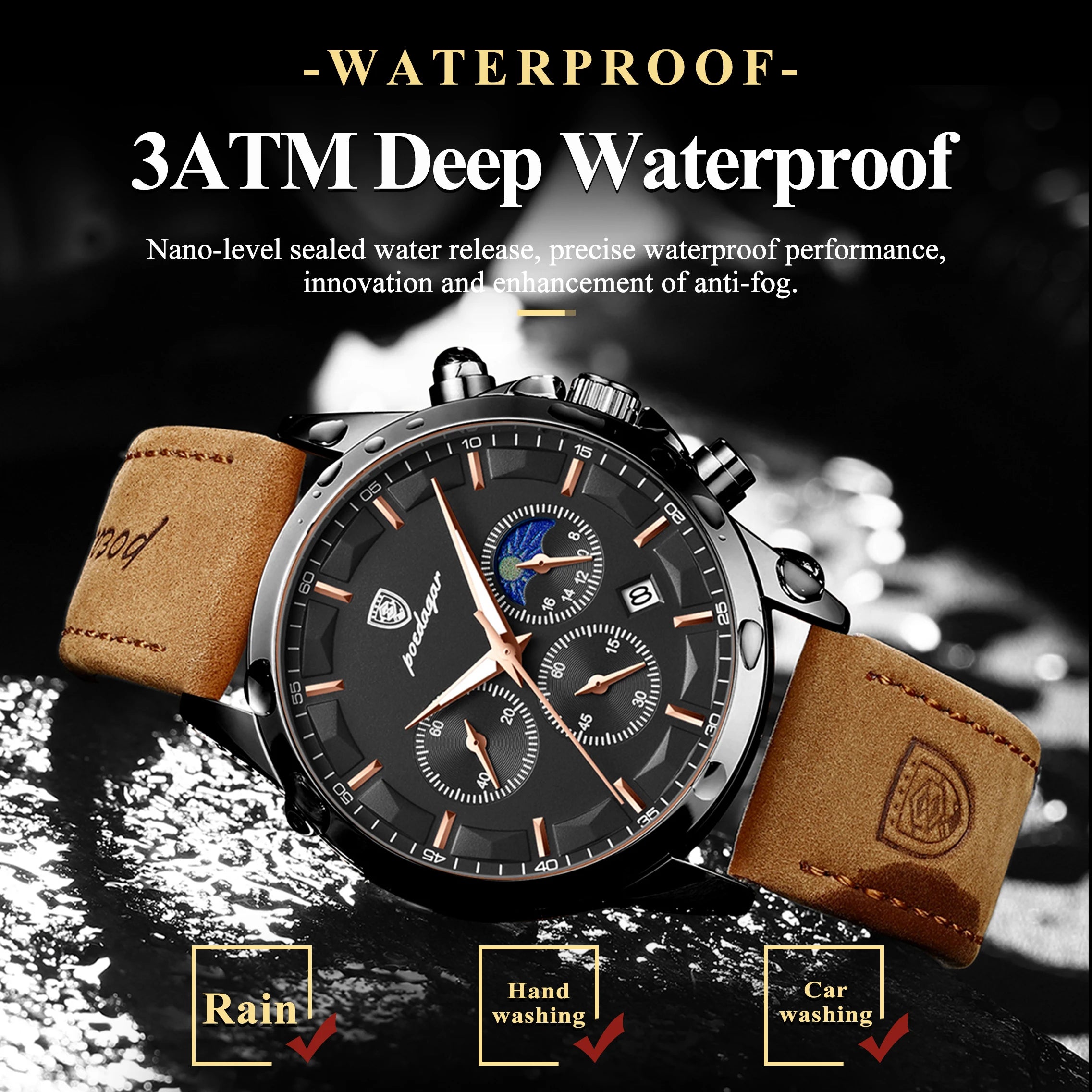 POEDAGAR Luxury Stylish Male Wristwatch Waterproof Chronograph Luminous Date Man Watch Leather Quartz Sports Men's Watches Reloj
