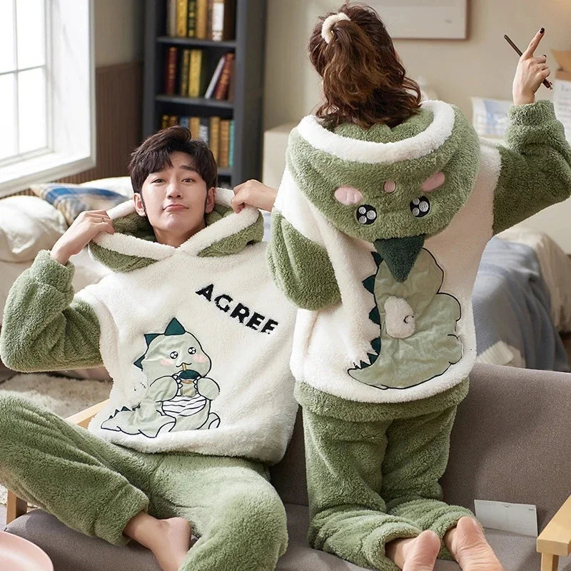 Couples Pajamas Women Men Winter Thicken Pyjamas Sleepwear Cartoon Dinosaur Korean Lovers Homewear Soft Warm Hoodies Pijama