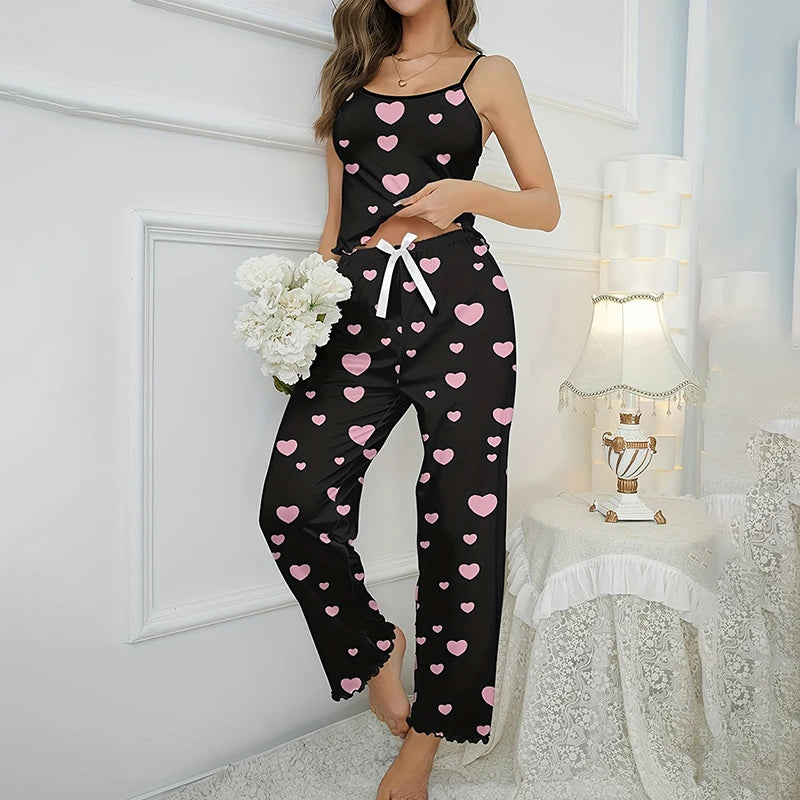 Women's Pajama Set Soft&Comfortable Home Clothes Pyjama Femme Floral Print Round Neck Frill Trim Cami Top & Pants Lounge 2 Piece