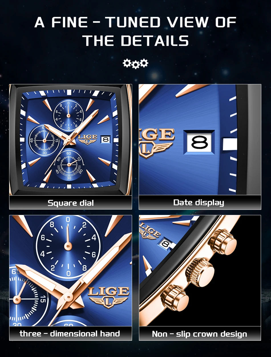 LIGE New Luxury Business Men Wristwatch Chronograph Waterproof Luminous Calendar Watch For Men Square Quartz Men's Watches Reloj