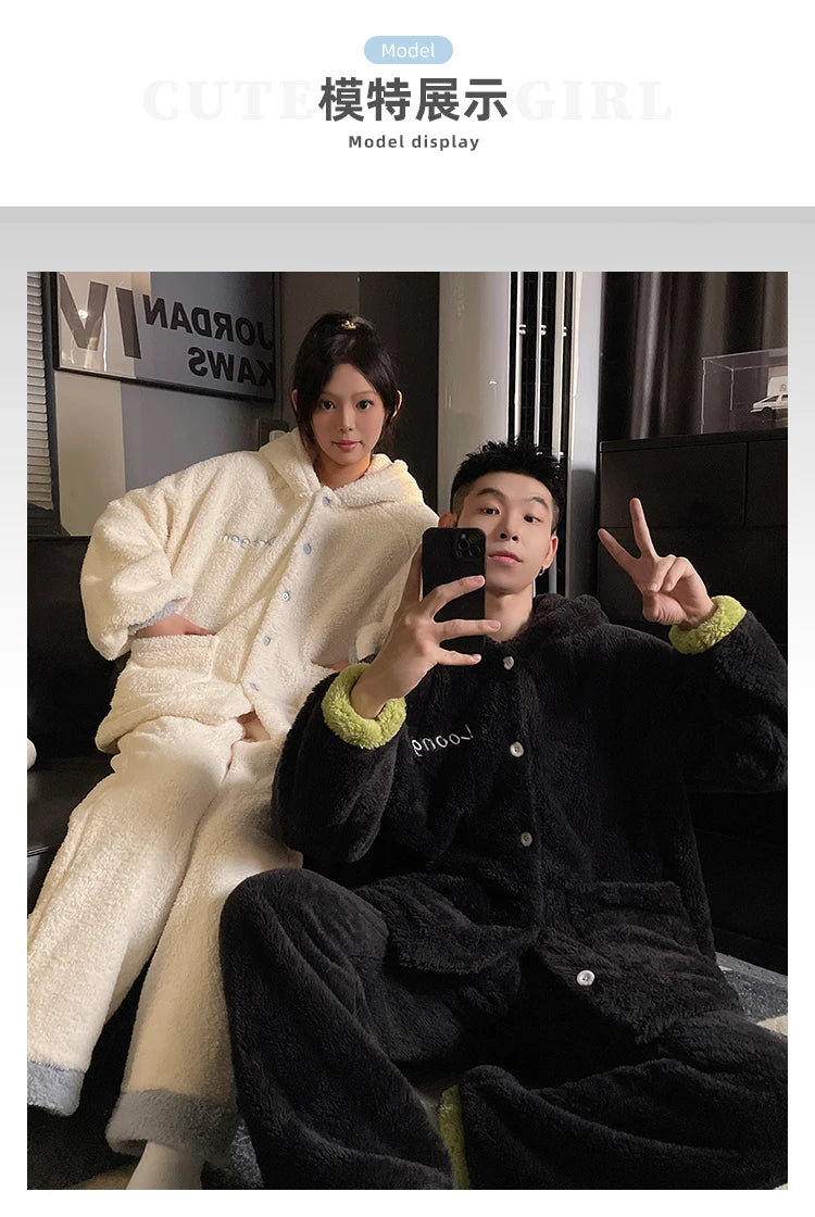 DAIMELU Toothless Boy Couple Pajamas Women's Autumn sleepwear Coral Fleece Fleece Thickened Hooded Men's Winter nightwear Set