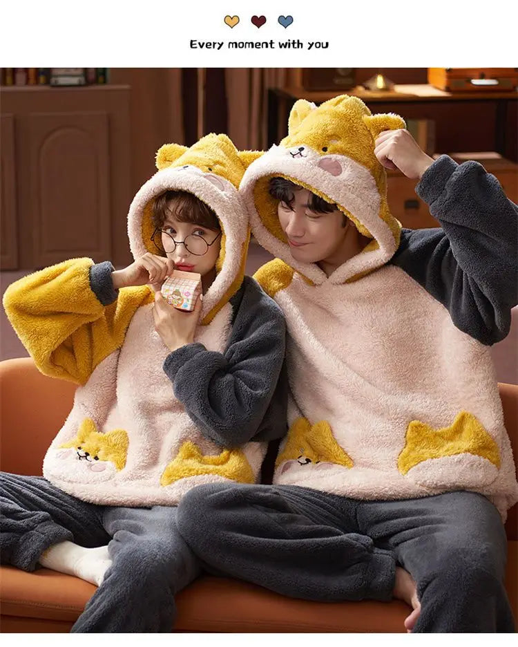 Couples Pajamas Women Men Winter Thicken Pyjamas Sleepwear Cartoon Dinosaur Korean Lovers Homewear Soft Warm Hoodies Pijama
