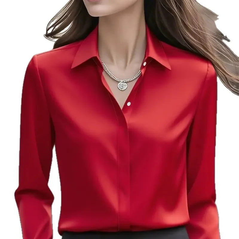 Autumn Solid Color Long-sleeved Versatile Shirt Lapel Satin Shirt