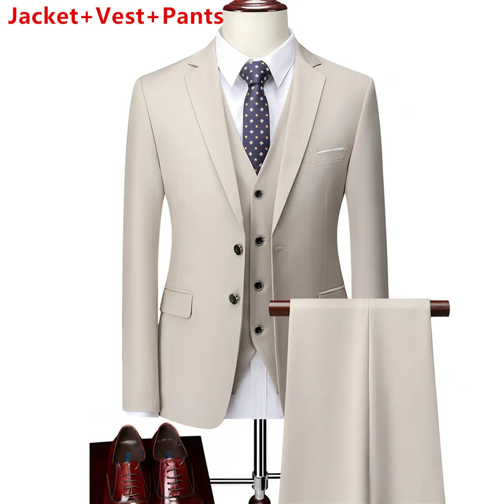 High-end Brand Formal Business Mens Suit Three-piece Groom Wedding Dress Solid Color Suit
