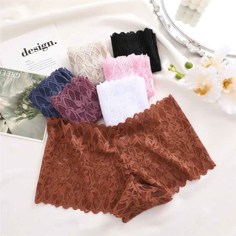 4PCS Women Floral Lace Panties Sexy Perspective Underwear V Waist Solid Color Underpants Female Breathable Intimates Lingerie