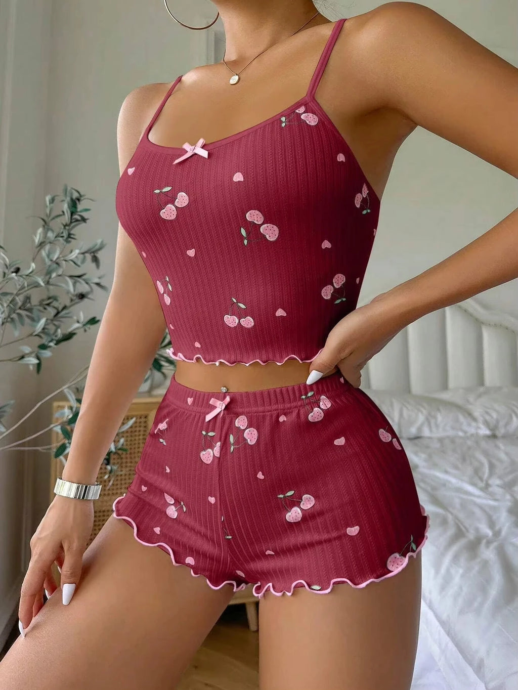Sleepwear Women's Summer Pajama Set Heart Print Sexy Ribbed Bow Decor Round Neck Backless Crop Cami Top & Shorts Nightwear