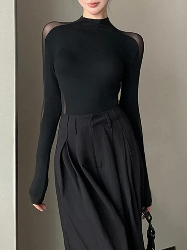 Sexy Hollow-out Mesh Patchwork Black Top for Women's Autumn Chic Long Sleeved T-shirt See Through Trend Club
