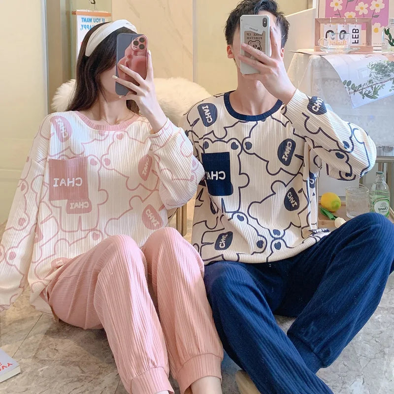 Couple's Pijama Sets M-3XL Autumn Spring Pajamas Lovely Cartoon Sleepwear Cotton Pyjamas For Women Man Top Pant Leisure Outwear