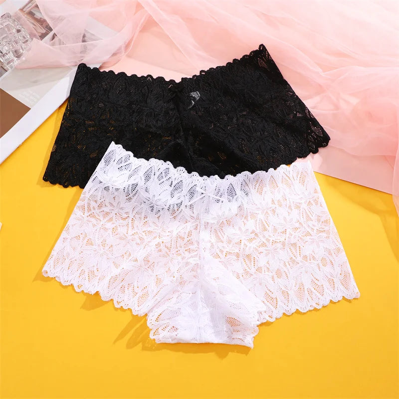 4PCS Women Floral Lace Panties Sexy Perspective Underwear V Waist Solid Color Underpants Female Breathable Intimates Lingerie