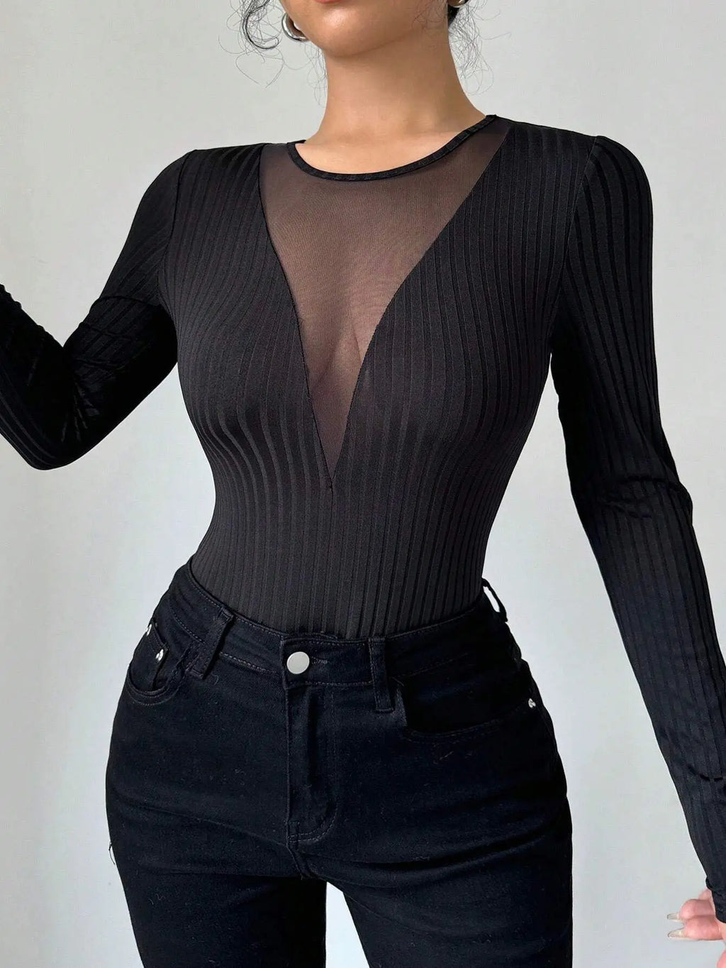 2025 Woman Clothing Top Women T-shirt Tank New Women's Sexy Front Mesh Panel Cutout Solid Color Long Sleeve T-Shirt Slim Fit Top