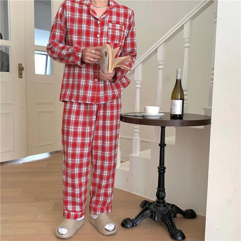Loose Casual Couple Pajamas Sweet Lace Vintage Red Plaid  Thick  Nightwear Autumn Winter Princess Style Christmas Homewear D711