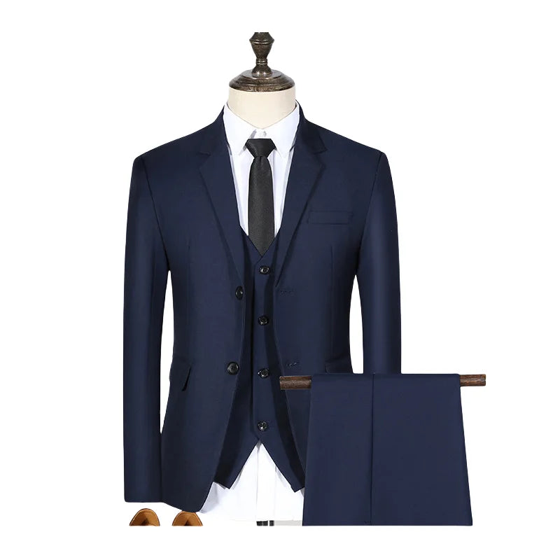 S-7XL Suit (Blazer+vest+pants) Business Dinner Gentleman Slim Gentleman Men British Style Dress Best Man Solid Color Group Suit