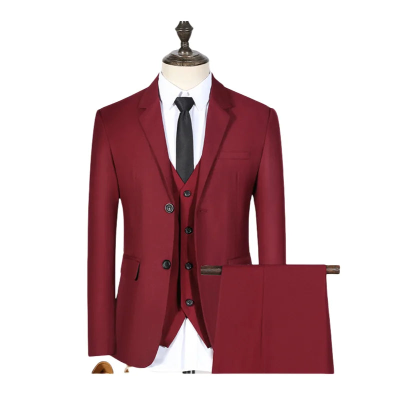 S-7XL Suit (Blazer+vest+pants) Business Dinner Gentleman Slim Gentleman Men British Style Dress Best Man Solid Color Group Suit