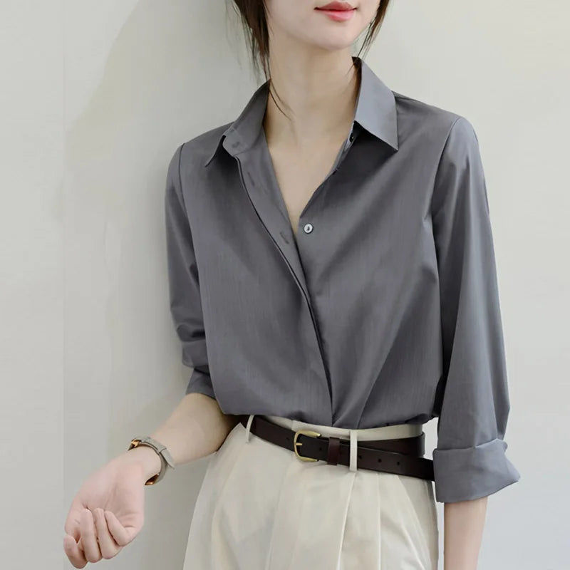 Spring Autumn Vintage Grey Loose Women's Blouse 2025 New Long Sleeve Single Breasted Korean Casual Office Lady Shirts Female