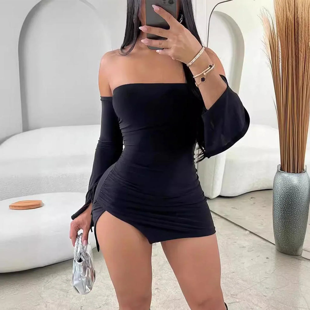 Women's Black Strapless Backless Mini Dress Off-Shoulder Long Sleeve Bodycon Club Party Dress for Women